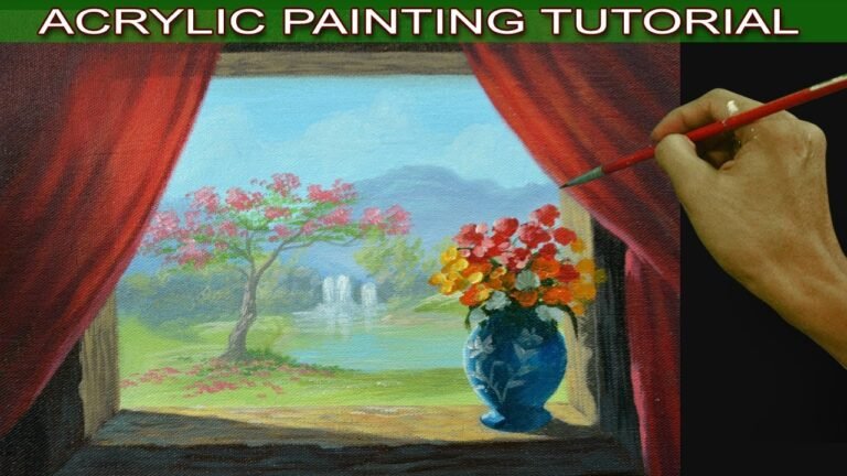 Acrylic Painting Tutorial Still Life Flower Vase on Window Overlooking Landscape and Red Curtain