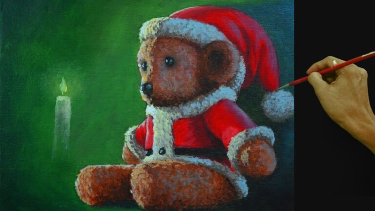 Acrylic Painting Tutorial | Still Life with Santa Claus Teddy Bear for Christmas