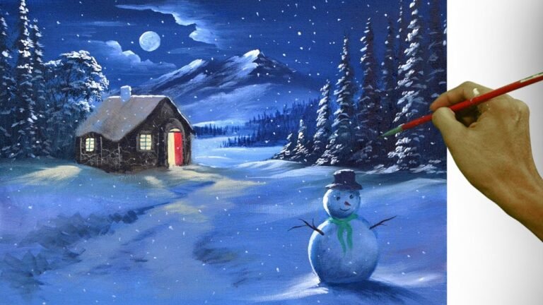 Basic Painting Tutorial in Acrylics | Winter Christmas Eve with Snowman