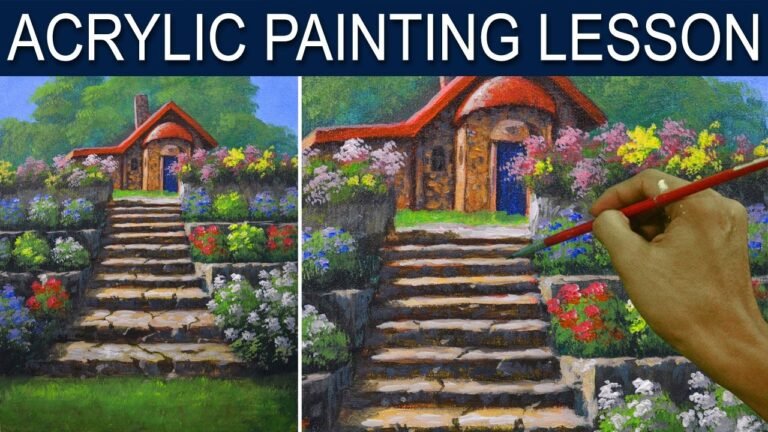 Flower Garden and Stairway to the House Simple Step by Step Acrylic Painting Tutorial by JM Lisondra