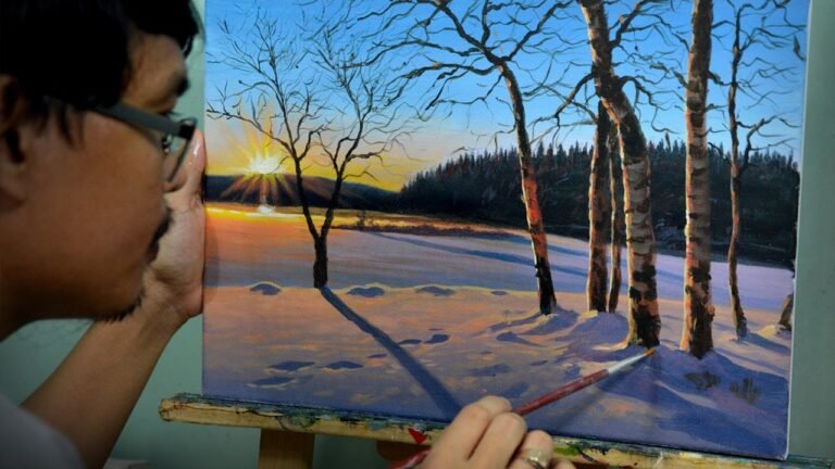 HOW TO PAINT EASY | Sunrise on Winter with Birch Trees in Acrylics