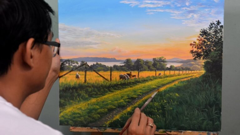 How to Paint Landscape in Acrylics | Sunrise in Animal Fields