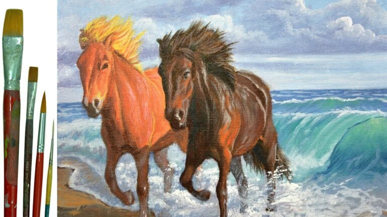 How to Paint Two Horses on the Beach with Crashing Waves in Acrylic