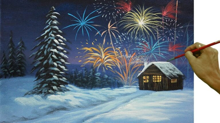 STEP BY STEP Basic Acrylic Painting Tutorial | Fireworks on Winter Christmas Eve with Barn