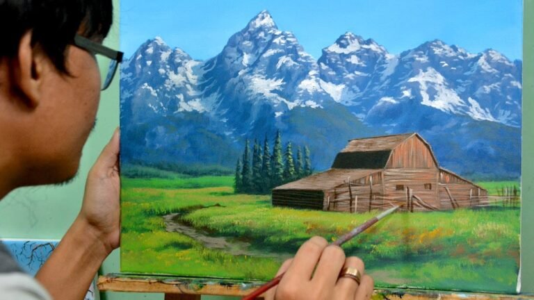 STEP by STEP Rustic Barn Landscape with Snowy Mountain | Painting Tutorial in Acrylics