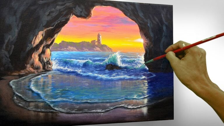 Step by Step Acrylic Painting Tutorial | Sunset on Beach Cave