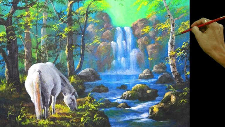 White Horse and the Waterfall in Easy Step by Step Full Acrylic Painting Tutorial by JM Lisondra