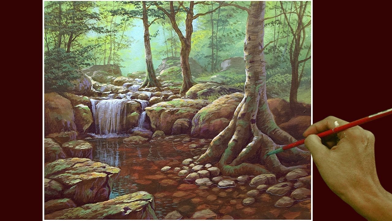 Acrylic Landscape Painting In Time Lapse Forest Waterfall