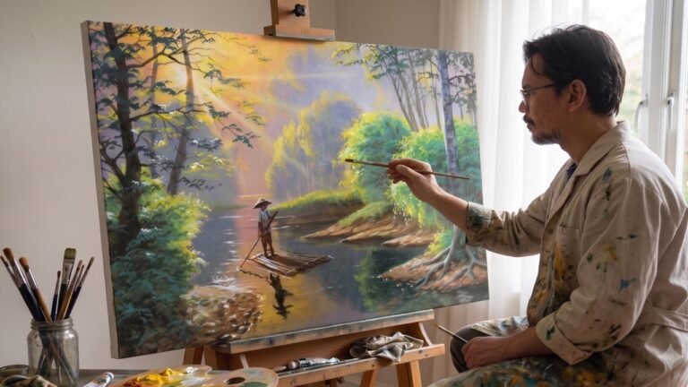 How to Paint River Landscape in Acrylics with a Man in Raft / Time-lapse / JMLisondra
