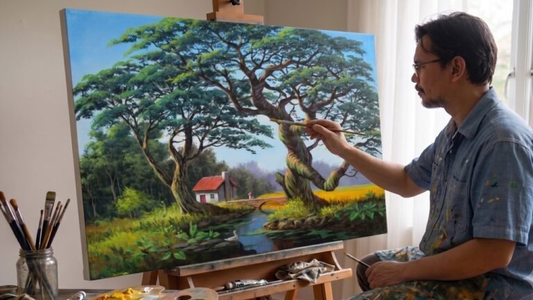 Painting Realistic Landscape with House and 2 Trees / Time-lapse / JMLisondra