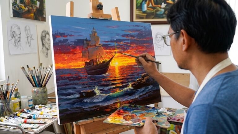 Painting Realistic Sailing Ship in Sunset Beach / Time-lapse / JMLisondra