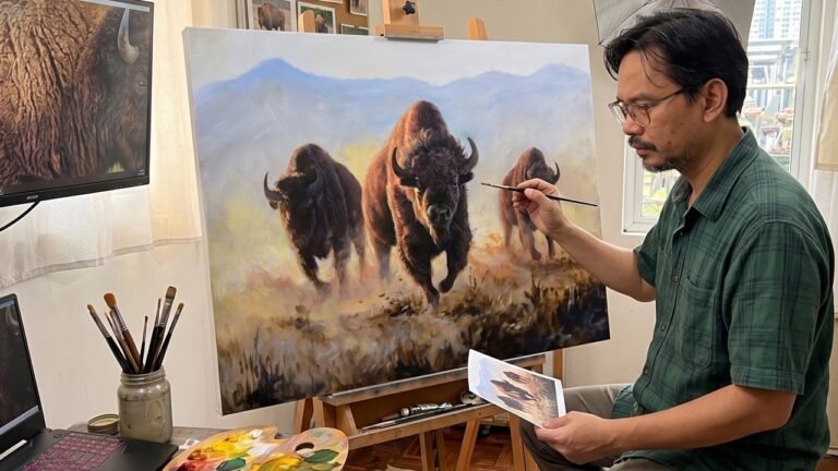 Painting Realistic Sunset Landscape with 3 Bisons / Time-lapse / JMLisondra