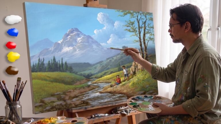 Realistic Acrylic Painting Children Beside Rushing River / Time-lapse / JMLisondra