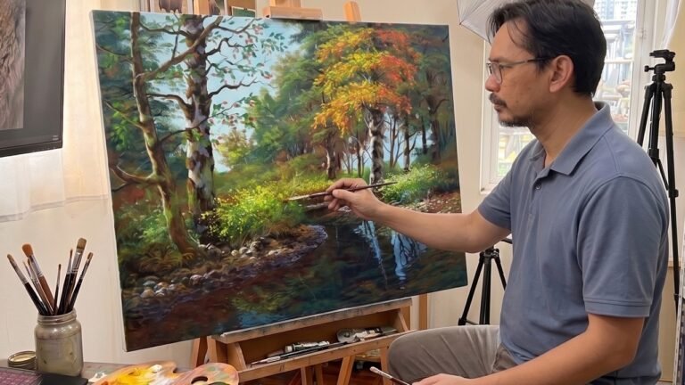 Realistic Landscape Painting Crystal Stream in the Forest / Time-lapse / JMLisondra