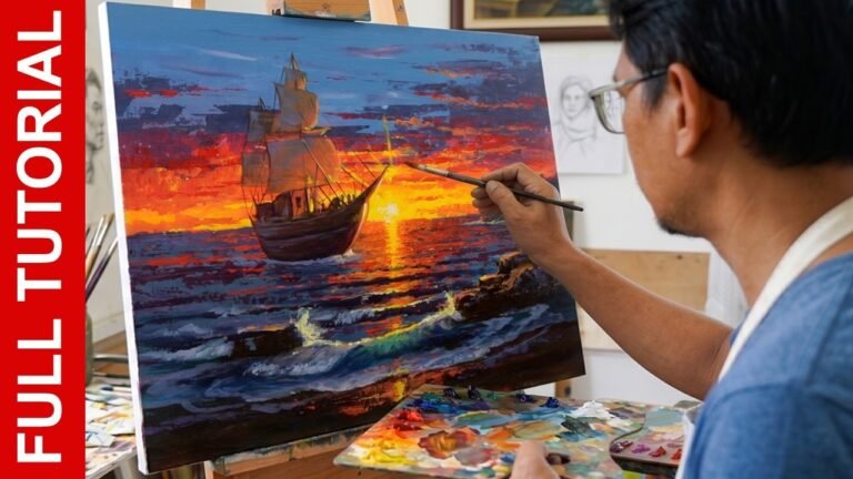 Tutorial: Realistic Painting Sailing Ship in Sunset Beach in Acrylics / JMLisondra