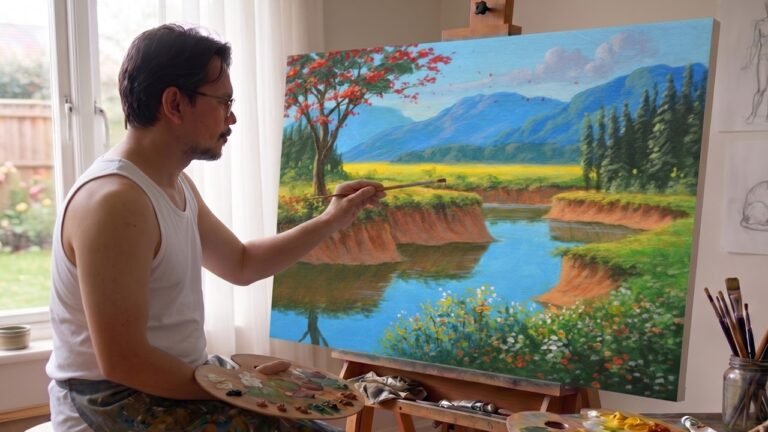Painting Landscape with River in Acrylics / Time-lapse / JMLisondra