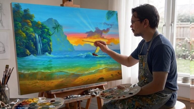 Realistic Sunset Beach Painting with Sailboat in Acrylics / Time-lapse  / JMLisondra