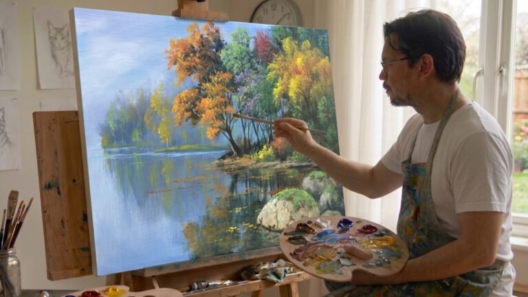 Painting a Vibrant Autumn Lake Landscape 🍂 (Acrylic Time-Lapse) | JMLisondra