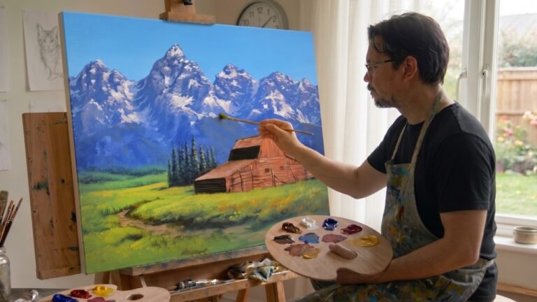 Painting the Iconic Grand Tetons & Rustic Barn 🏔️ (Acrylic Time-Lapse) | JMLisondra